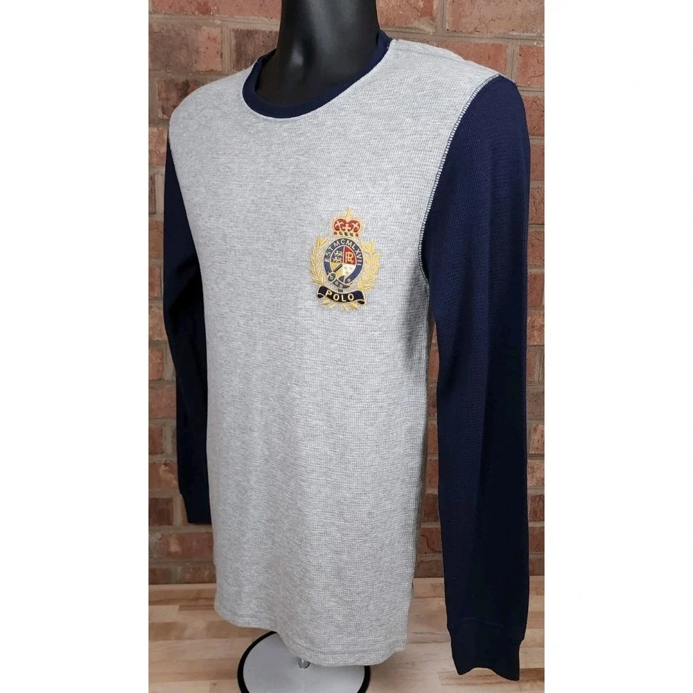Polo Ralph Lauren Mens Small Gray Navy Crest Patch Waffle Knit Thermal T-Shirt
